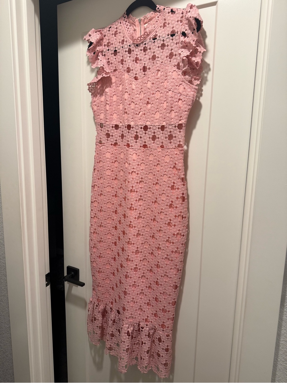 Red Dress Boutique Pink Floral Lace Midi with Ruffle Hem